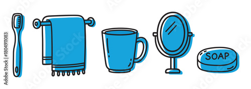 A charming hand-drawn illustration set of blue bathroom essentials, including a toothbrush, a towel on a rack, a cup, a vanity mirror, and a bar of soap for daily hygiene