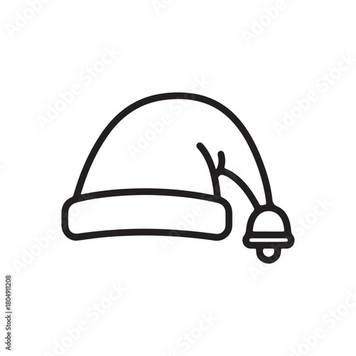 Simple black and white line drawing of a santa claus hat with bell