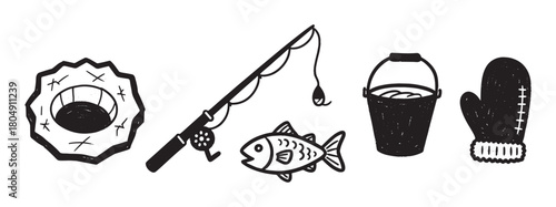 A set of hand-drawn black and white icons for ice fishing, including an ice hole, fishing rod, fish, bucket, and a warm mitten, in a rustic doodle style