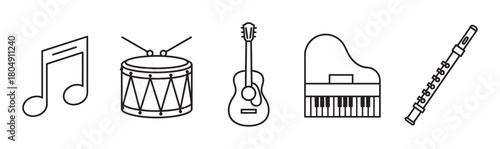 A varied collection of musical instrument icons, including a note, snare drum, acoustic guitar, grand piano, and flute, all depicted in a simple, minimalist black outline style