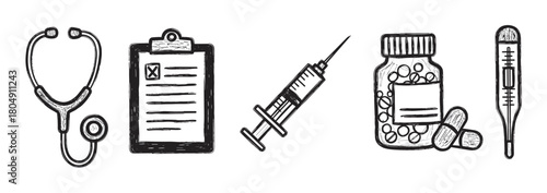 A collection of black and white medical icons in a rough sketch style, featuring a stethoscope, clipboard with a checklist, syringe, pill bottle, and a clinical thermometer