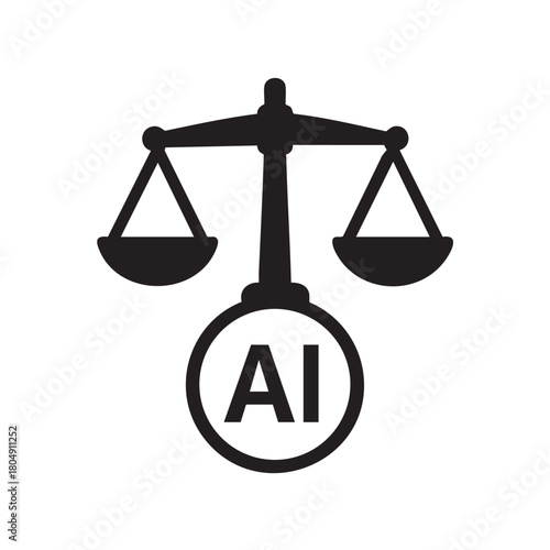 A black and white depiction of scales of justice with an ai symbol incorporated into the design