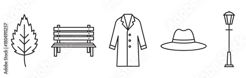 A set of minimalist black line art icons representing autumn, including a leaf, park bench, trench coat, fedora hat, and a classic street lamppost for seasonal design