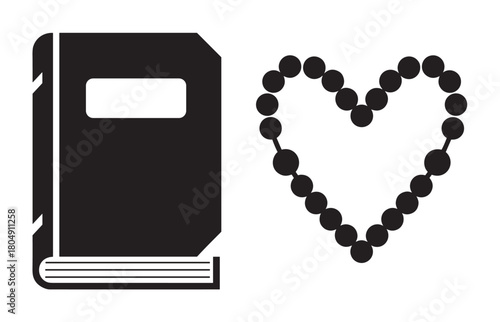 A minimalist black and white graphic illustration featuring a closed book icon next to a heart shape made of prayer beads, symbolizing a love for reading or faith