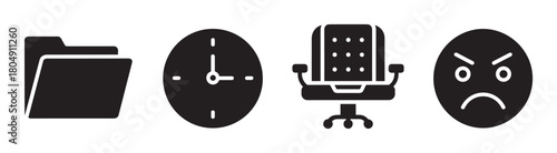 Graphic illustration of business and work-related stress symbols, featuring a file folder, clock, swivel chair, and an angry frowning face icon in a simple black design