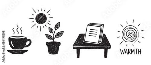 A charming collection of hand-drawn doodle icons representing warmth and comfort, including a steaming cup, sun, potted plant, and a book on a table in a sketchy style