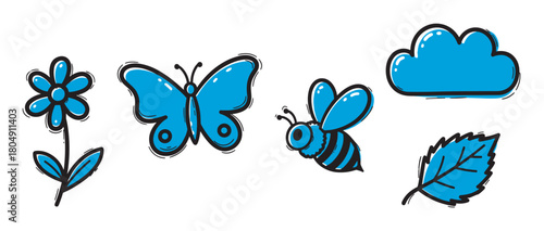 A collection of hand-drawn blue nature icons including a flower, butterfly, bee, cloud, and leaf, all rendered in a charming, sketchy doodle cartoon illustration style