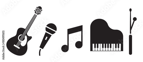 A collection of black silhouette icons depicting musical instruments and elements, including a guitar, microphone, musical note, grand piano, and drumsticks, presented in a clean, graphic style