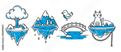 A charming collection of hand-drawn doodle illustrations featuring floating islands, a cute cat, a small bird, mountains, and a bridge, all created in a simple black and blue line art style