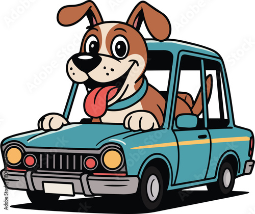 Cartoon dog driving vintage car illustration vector drawing comic style puppy traveling road trip fun auto transport design isolated