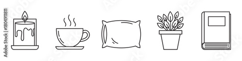 A set of minimalist line icons representing a cozy hygge lifestyle and self-care, featuring a lit candle, a hot drink, a soft pillow, a houseplant, and a book