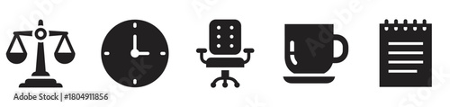 Minimalist black glyphs of justice scales, a clock, an office chair, a coffee cup, and a notepad symbolizing work-life balance and legal profession concepts