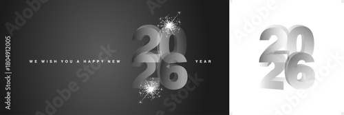 We wish you a Happy New Year 2026 with sparkle firework. Modern 3D light silver grey transparent glass numbers shape of 2026 on black background
