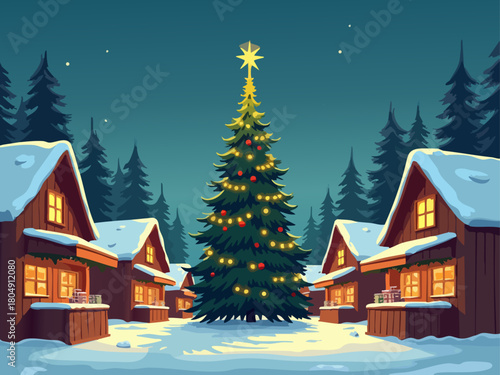 Minimalist vector illustration of a Christmas tree star above market stalls at dusk