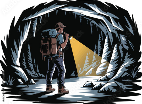 Cave Explorer Hiker Backpack Flashlight Underground Adventure Geology Speleology Darkness Hiking Tourism Trekking Exploring Nature
