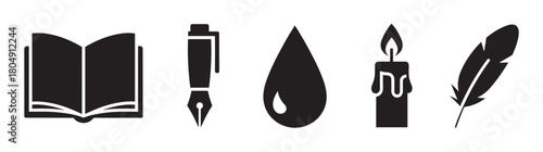A collection of black silhouette icons representing classic writing and literature, including an open book, fountain pen, ink drop, candle, and feather quill