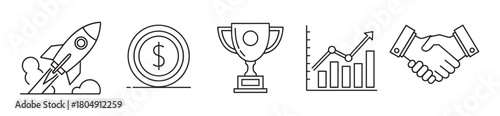 A set of business success icons including a rocket launch, dollar coin, trophy, growth chart, and handshake, all depicted in a clean and simple minimalist line art style
