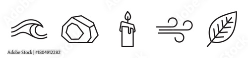 A minimalist set of black line icons representing the five classical elements of nature: water, earth, fire, air, and spirit, shown as a wave, crystal, candle, wind, and leaf