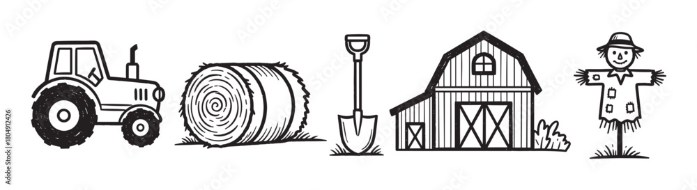 Obraz premium Charming collection of black ink farm life illustrations featuring a tractor, round hay bale, garden shovel, wooden barn, and a friendly scarecrow in a rustic, sketchy style