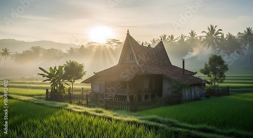 Traditional Indonesian House in a Misty Rice Field at Sunrise.