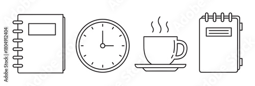 A set of four black and white line art icons depicting office and work essentials, including notebooks, a clock, and a steaming cup of coffee for a productive day