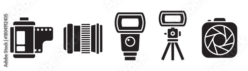 A set of black glyph icons representing professional photography equipment, including a film roll, camera lens, speedlight, studio flash on a tripod, and an aperture symbol