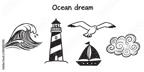 A collection of hand-drawn nautical doodles including a lighthouse, wave, sailboat, seagull, and cloud, created in a simple black and white sketchy illustration style