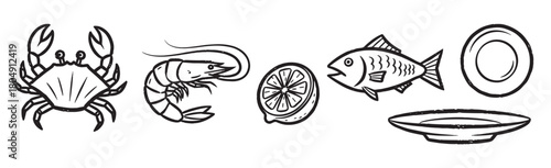 Monochrome collection of seafood restaurant elements, featuring a crab, prawn, fish, and lemon slice with empty plates, presented in a rustic, hand-sketched illustration style
