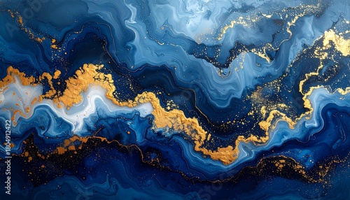 A vibrant abstract composition with flowing blue and gold tones, resembling marble or liquid. Detailed textures create depth