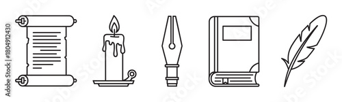 Set of historical objects for writing and reading, featuring a manuscript scroll, a lit candle, a fountain pen nib, a hardcover book, and a feather quill in a minimalist outline design