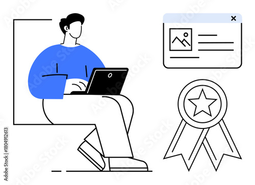 Person typing on laptop, content draft interface, badge with star symbolizing recognition. Ideal for productivity, achievement, success, education, professional growth, motivation digital work