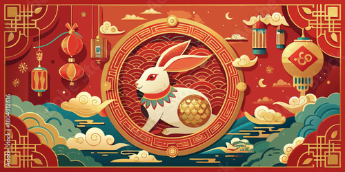 Happy Easter greeting card with bunny illustration and winter celebration new year season ornament