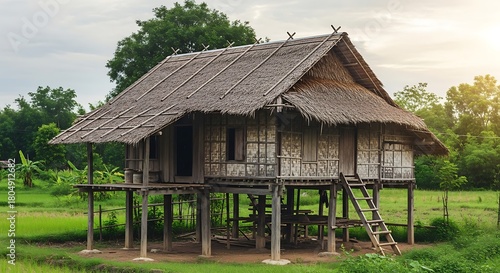 Traditional Thai Stilt House in a Lush Green Rice Paddy Field.