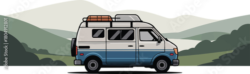 Classic Camper Van With Roof Rack For Adventure and Road Trips Vector Illustration With Serene Mountain Background Graphic Art