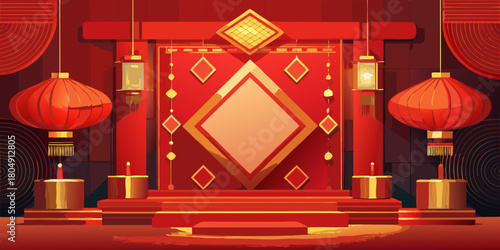 Golden vintage frame card vector design on a red carpet stage for a holiday ornament celebration