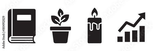 A set of four black glyph icons representing knowledge, growth, inspiration, and success, featuring a book, a potted plant, a lit candle, and an ascending bar chart