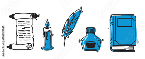 A collection of historical writing and knowledge tools including a scroll, a lit candle, a quill pen, an inkwell, and a book, presented in a simple blue and black cartoon style
