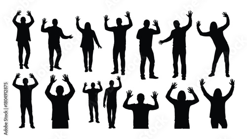 People silhouettes with raised arms isolated on white background, Vector