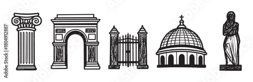 A set of historical landmark symbols rendered in a bold black ink linocut print style, featuring a classical pillar, a triumphal arch, an ornate gate, a cathedral dome, and a sculpture