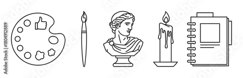 Set of black outline icons for art and education, featuring a painter's palette, a brush, an ancient sculpture, a burning candle, and a sketchbook in a simple vector style