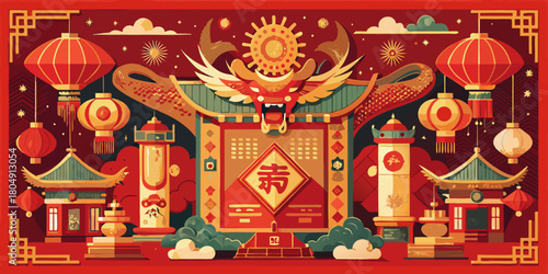 A colorful carousel in the park during the Chinese New Year festival, decorated with traditional oriental and ancient Chinese architecture