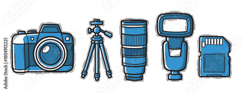 A set of professional photographer gear illustrated in a bold cartoon style, featuring a digital camera, telephoto lens, a stable tripod, speedlight, and an SD card