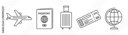 A linear icon set for global travel and adventure, featuring an airliner, passport document, rolling baggage, flight ticket, and a desktop globe in a simple outline design