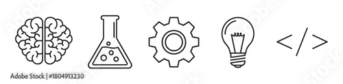 Minimalist icon set with a brain for thinking, a flask for science, a gear for engineering, a lightbulb for ideas, and brackets for coding and web development