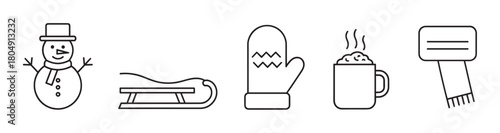 A minimalist collection of winter season icons featuring a snowman, sled, mitten, steaming mug, and scarf, all rendered in a clean black and white line art style