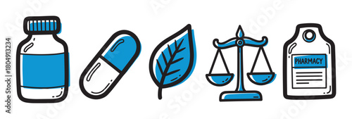 A set of hand-drawn pharmacy and healthcare icons including a pill bottle, capsule, leaf, and scales, illustrated in a simple blue and black doodle style