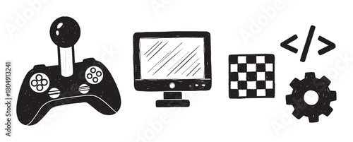 A set of black hand-drawn icons representing video game development concepts, including a controller, monitor, code symbol, checkerboard texture, and gear in a sketchy style