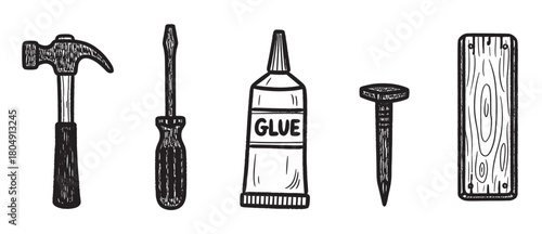 A hand-drawn set of black and white carpentry tools including a hammer, screwdriver, glue, nail, and wooden plank, presented in a rustic and sketchy illustration style