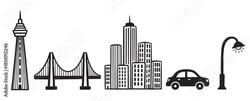 A charming set of hand-drawn city life icons featuring a communication tower, a suspension bridge, skyscrapers, a car, and a street lamp in a simple black ink doodle style