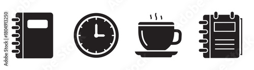 A set of four black glyph icons for business and productivity concepts, featuring a spiral notebook, an analog clock, a steaming coffee cup, and a daily planner